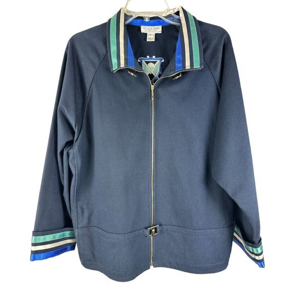 ST. JOHN SPORT Sz L Denim Blue Jacket Gold Tone Hardware Stretch Comfy - Picture 1 of 9
